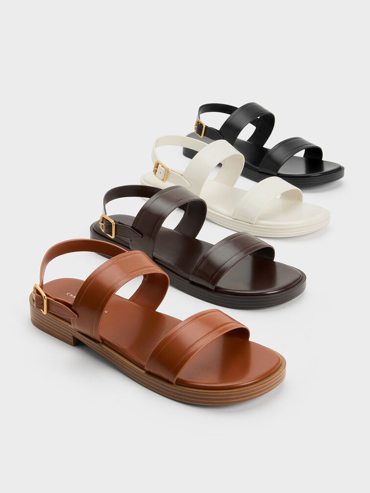 Buckled Double Strap Sandals, Black, hi-res
