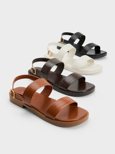Buckled Double Strap Sandals, Black, hi-res