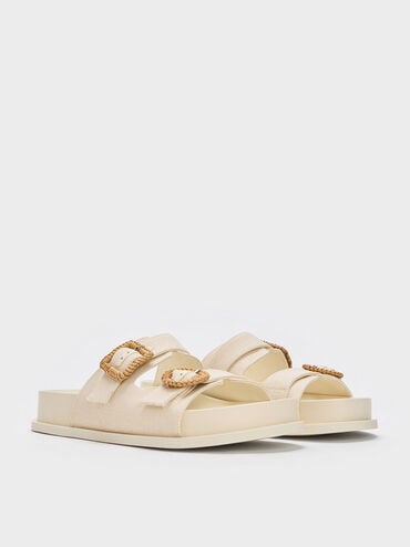 Woven-Buckle Double-Strap Sandals, Chalk, hi-res