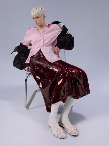 Satin Bow Slide Sandals, Blush, hi-res