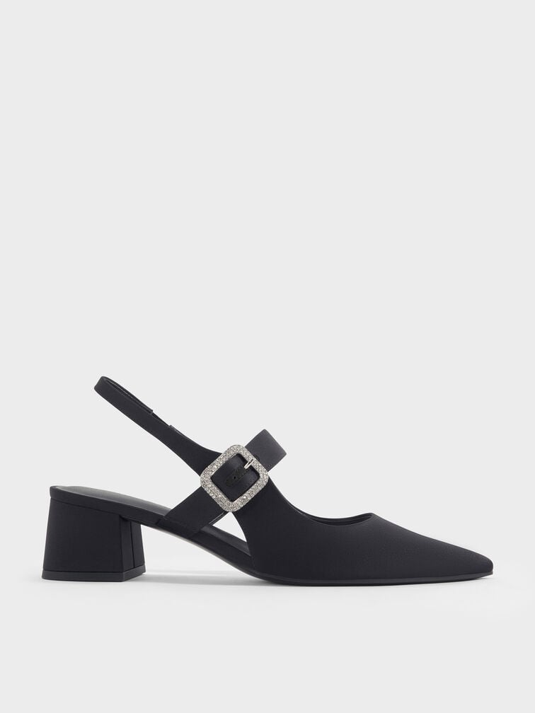 Satin Crystal-Buckle Block-Heel Slingback Pumps, Black Textured, hi-res