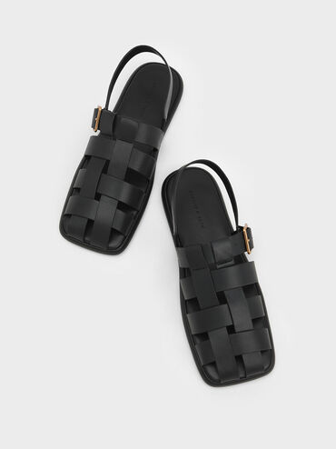 Metallic Buckle Caged Slingback Sandals, สีดำ, hi-res
