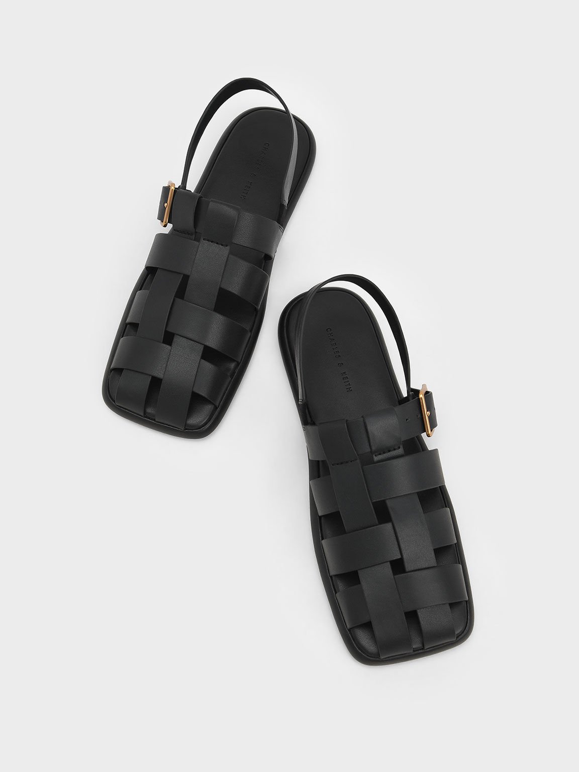 Metallic Buckle Caged Slingback Sandals, Black, hi-res