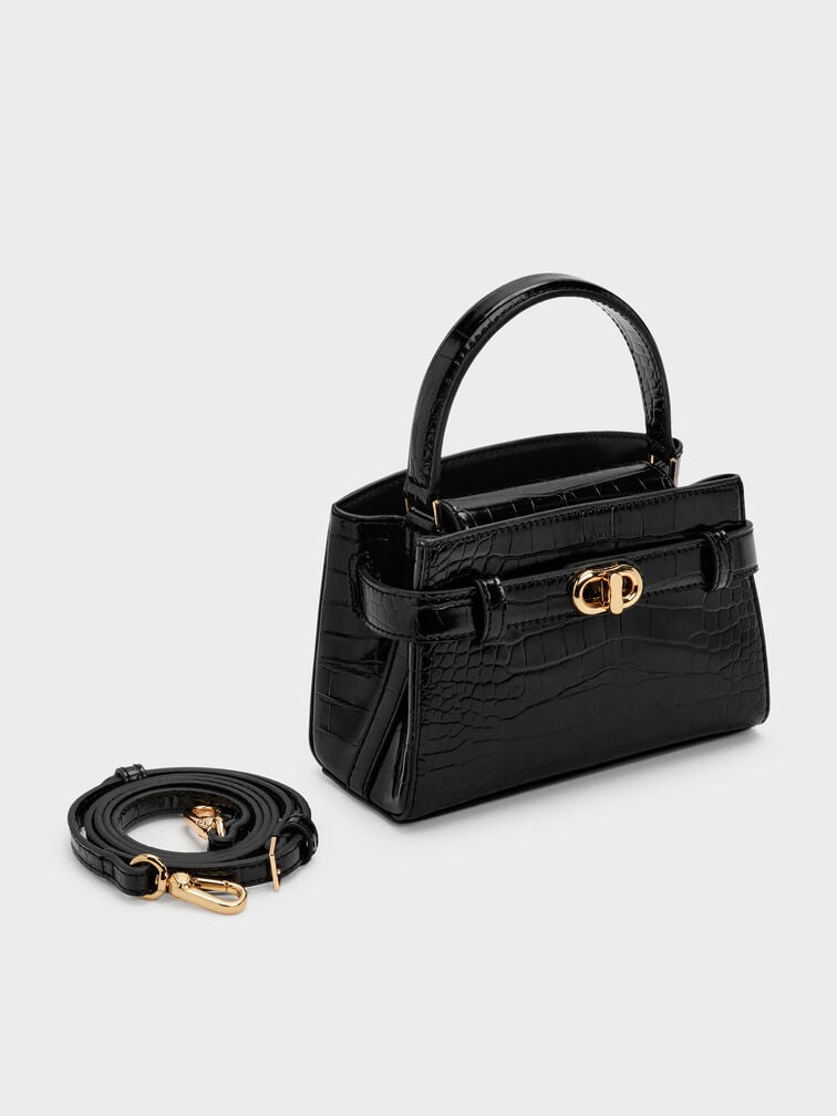 Aubrielle Croc-Effect Top Handle Bag, Black, hi-res
