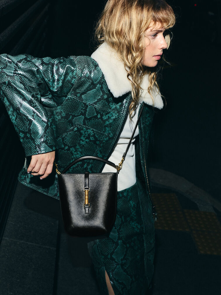 Cesia Metallic-Accent Bucket Bag, Black, hi-res