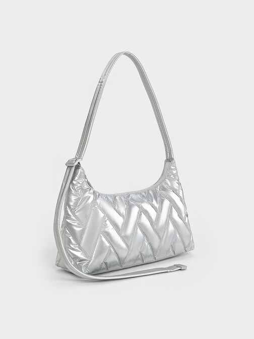 Nylon Chevron Shoulder Bag, Silver, hi-res