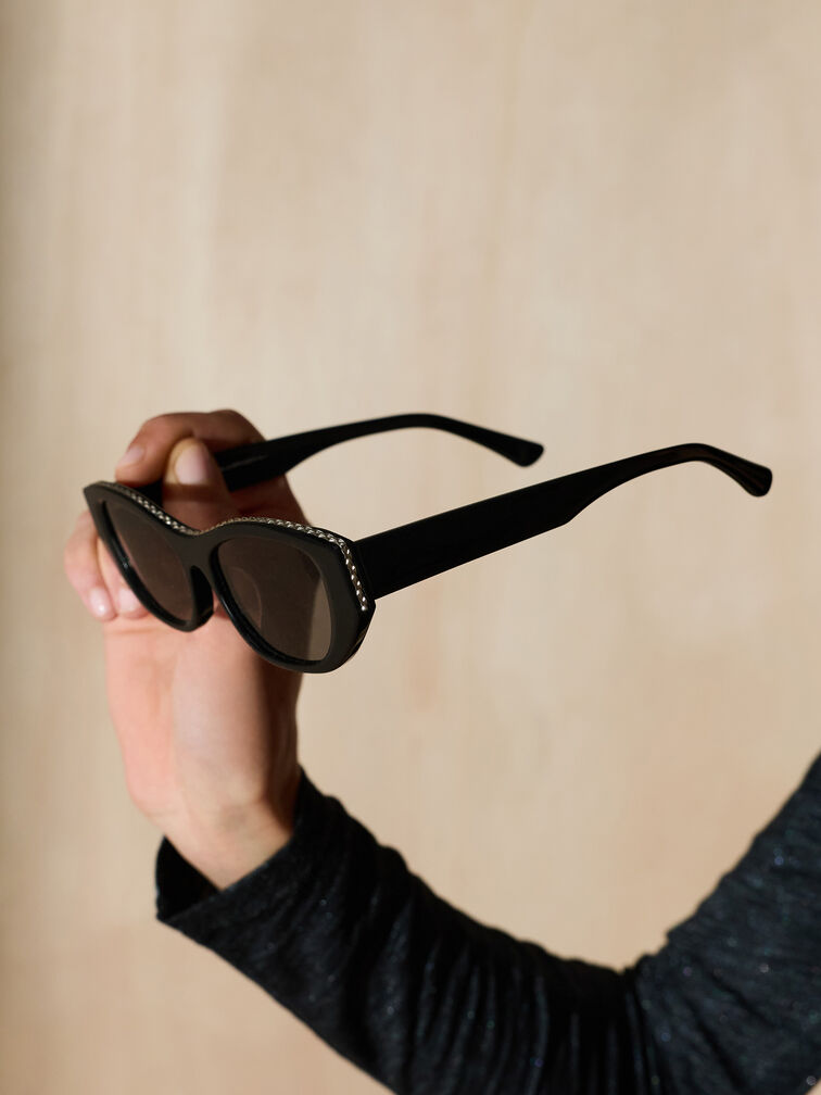 แว่นตากันแดดทรงตาแมวรุ่น Daenerys, สีดำอะไหล่สีเงิน, hi-res