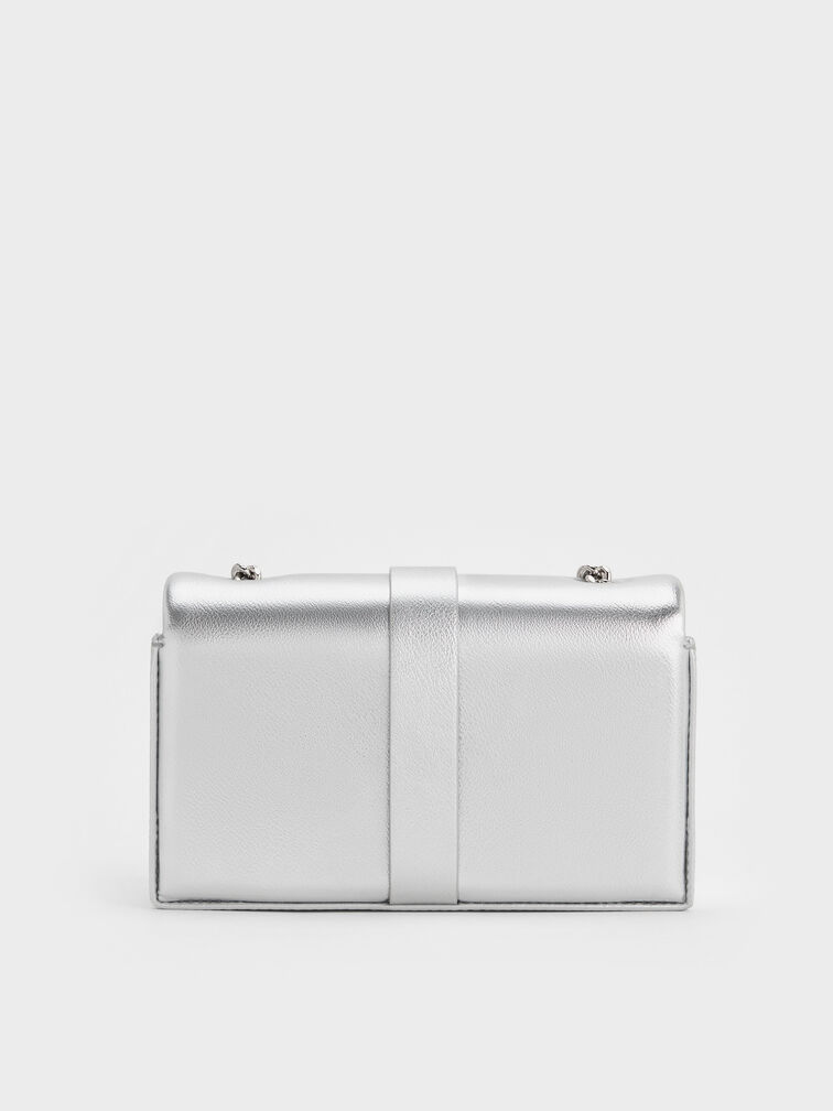 Metallic Crystal-Buckle Belted Chain-Handle Bag, Silver, hi-res