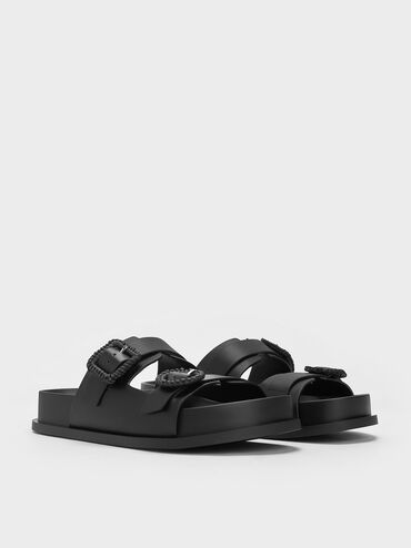 Woven-Buckle Double-Strap Sandals, Black, hi-res