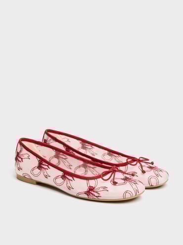 Embroidered-Mesh Bow Ballet Flats, Red, hi-res