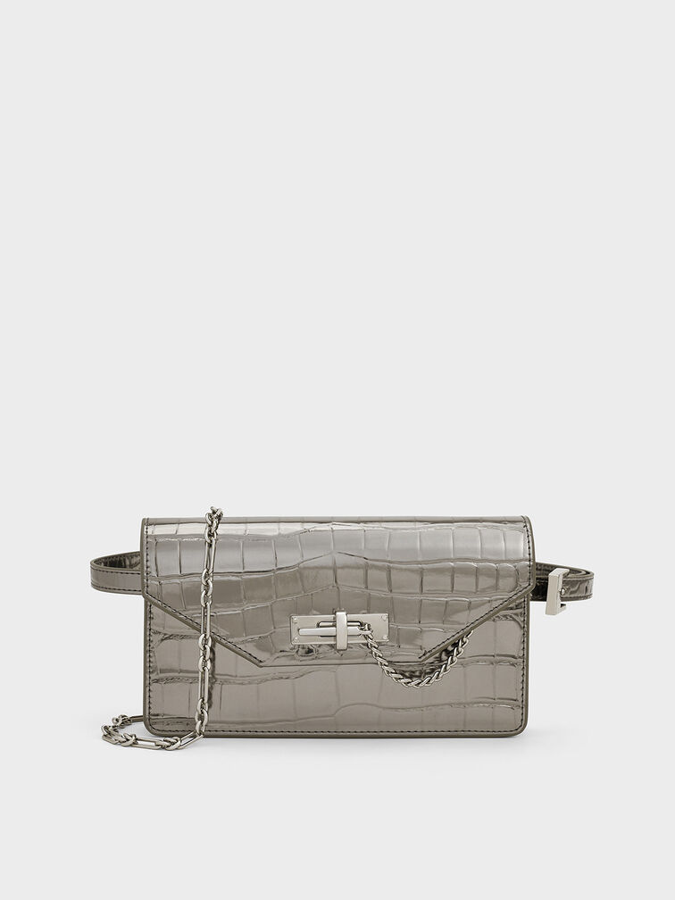 Samantha Metallic Croc-Effect Chain-Embellished Crossbody Bag, Pewter, hi-res