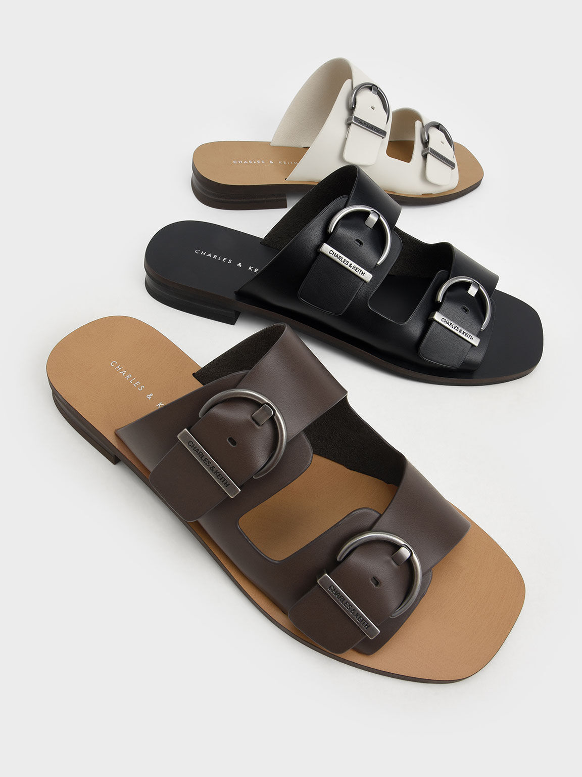 Double Buckle Strap Slide Sandals, Black, hi-res