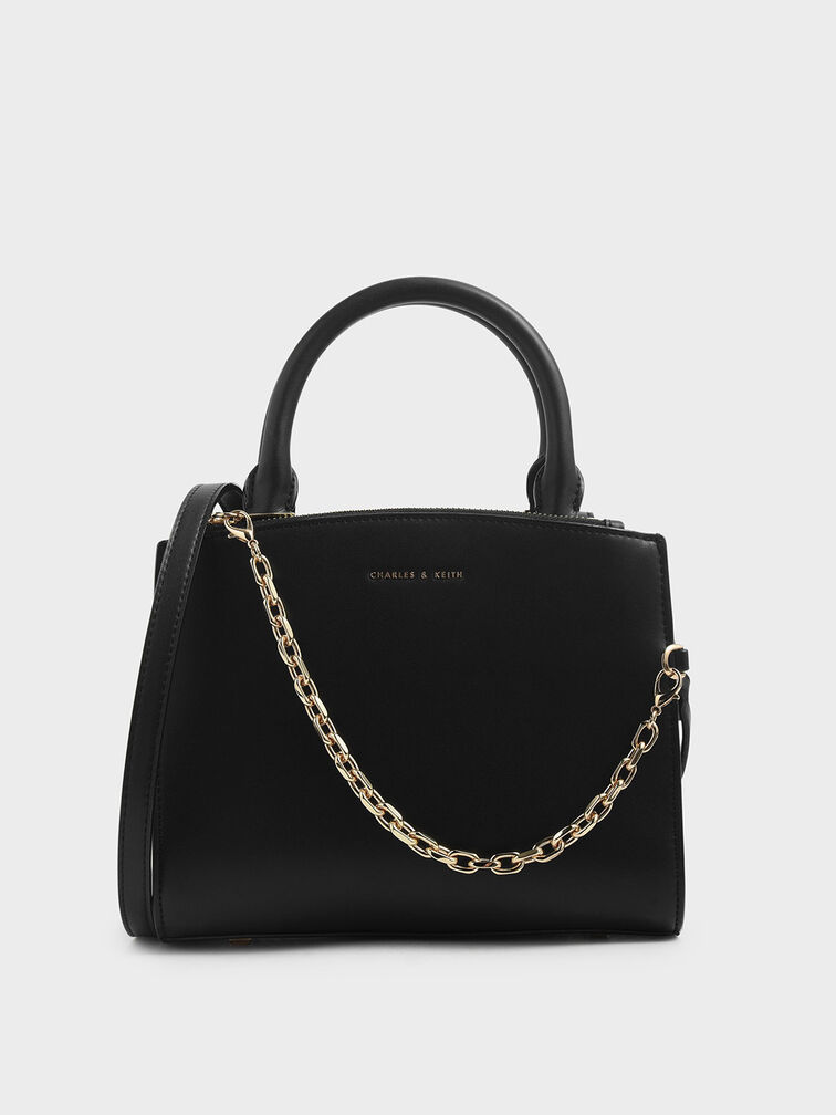 Chain Link Classic Handbag, สีดำ, hi-res