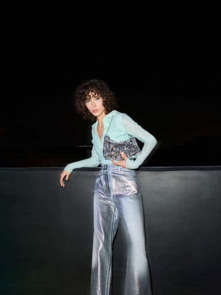 Jesmyn Sequinned Two-Way Bag, Silver, hi-res