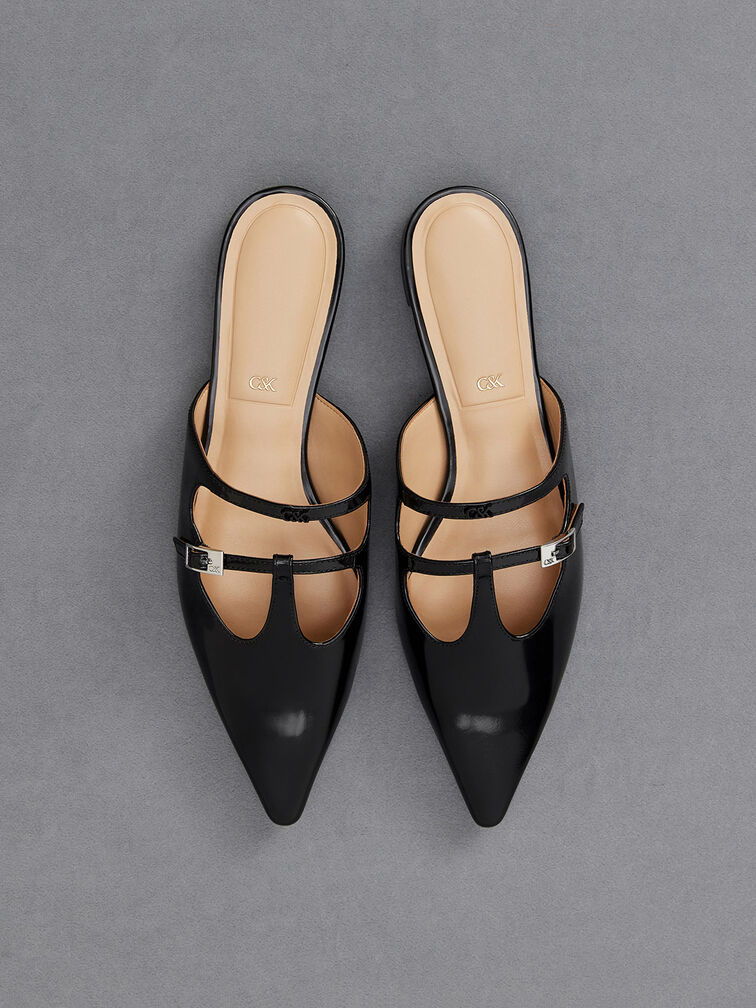 Leather T-Bar Double-Strap Mules, Black Boxed, hi-res