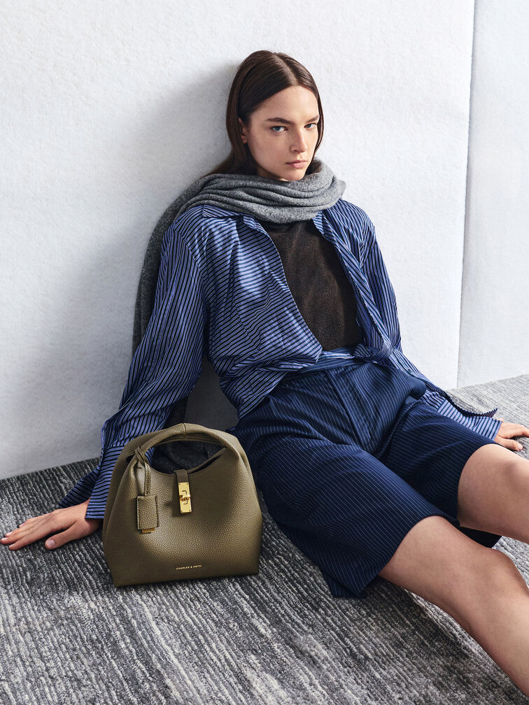 Chance Recycled Leather Turn-Lock Bucket Bag, Deep Olive, hi-res