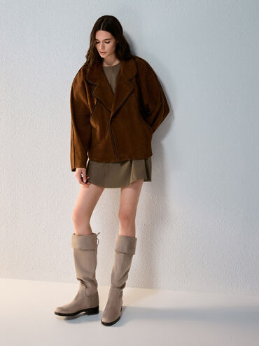 รองเท้าบูทยาวหนังกลับดีไซน์ขอบพับรุ่น Louisa, สีโทป, hi-res