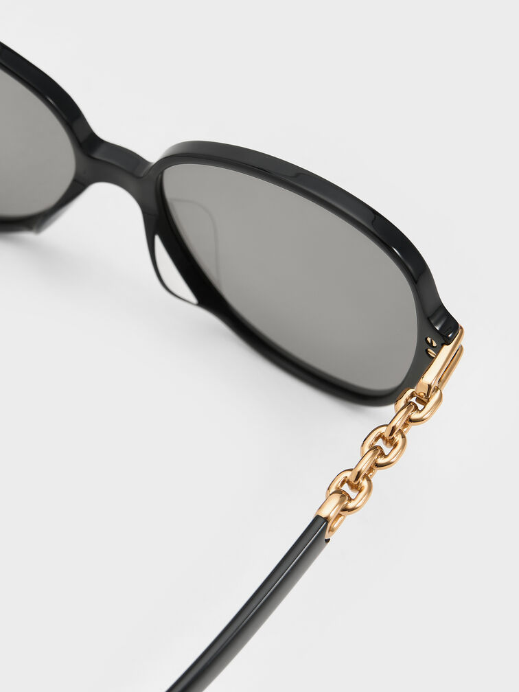 แว่นตากันแดดทรงผีเสื้อดีเทลโซ่วัสดุอะซิเตทรีไซเคิลรุ่น Delaney, สีดำ, hi-res