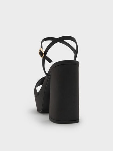 รองเท้าส้นสูงวัสดุผ้าซาตินดีไซน์ส้นบล็อคแบบแพลตฟอร์ม, สีแบล็คเท็กซ์เจอร์, hi-res