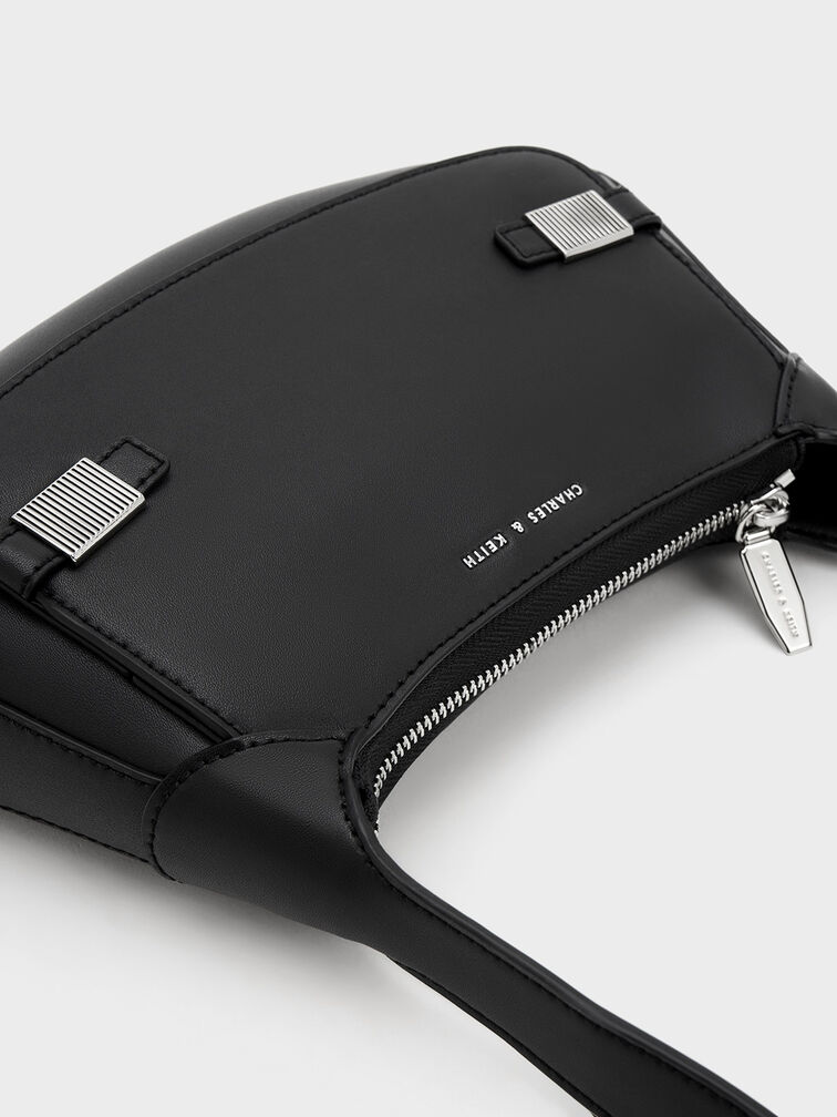Black Metallic-Accent Curved Shoulder Bag - CHARLES & KEITH TH
