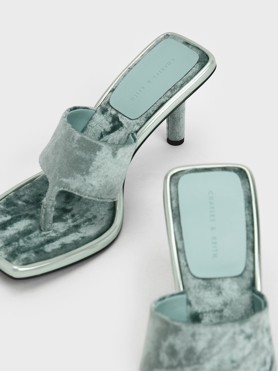 Holiday 2021 Collection: Etta Velvet Heeled Thong Sandals​, Sage Green, hi-res