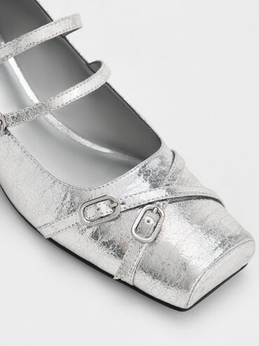 Metallic Crinkle-Effect Double-Strap Mary Jane Pumps, Silver, hi-res