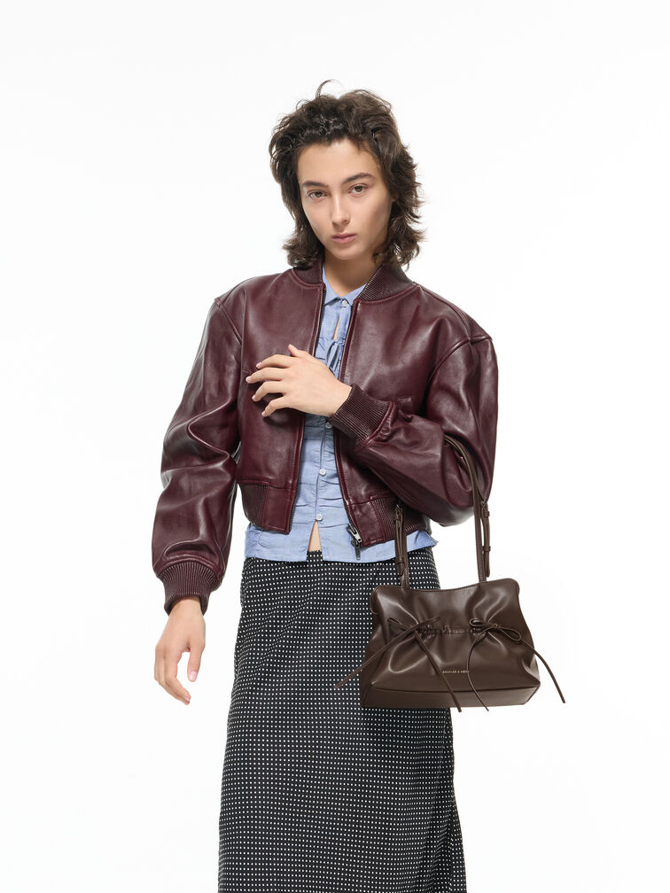 Reese Ruched Bow Shoulder Bag, Espresso Brown, hi-res