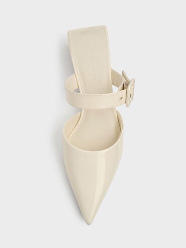 Patent Buckle-Strap Heeled Mules, Butter, hi-res