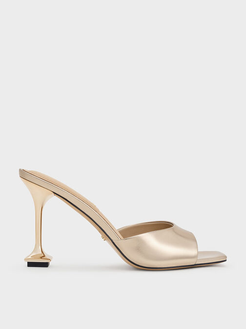 Jacqueline Metallic Leather Sculptural-Heel Mules, Champagne, hi-res