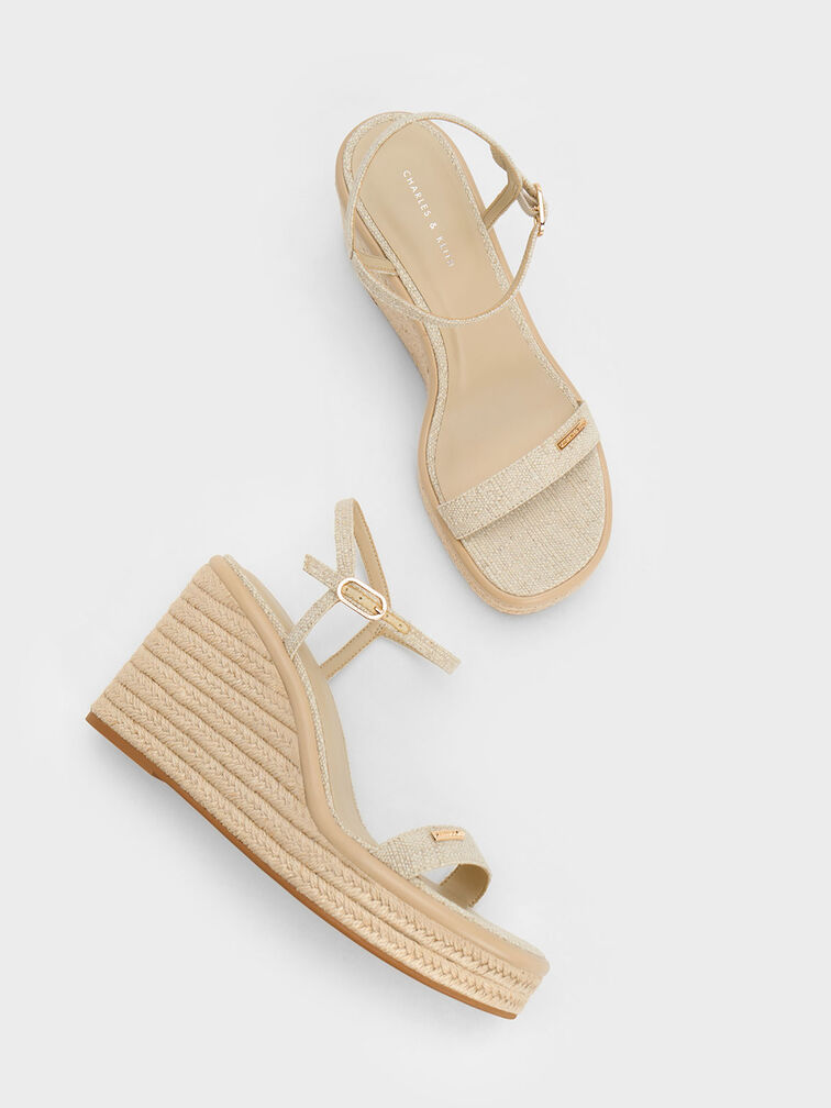 Linen Espadrille Wedges, สีเบจ, hi-res