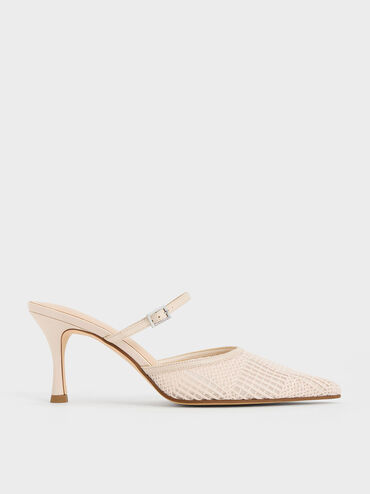 Mesh Woven Heeled Mules, Cream, hi-res