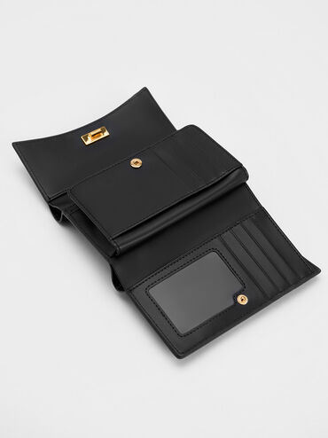 กระเป๋าสตางค์ดีไซน์ที่ปิดด้านหน้าตกแต่งด้วยเมทัลลิครุ่น Huxley, สีดำ, hi-res