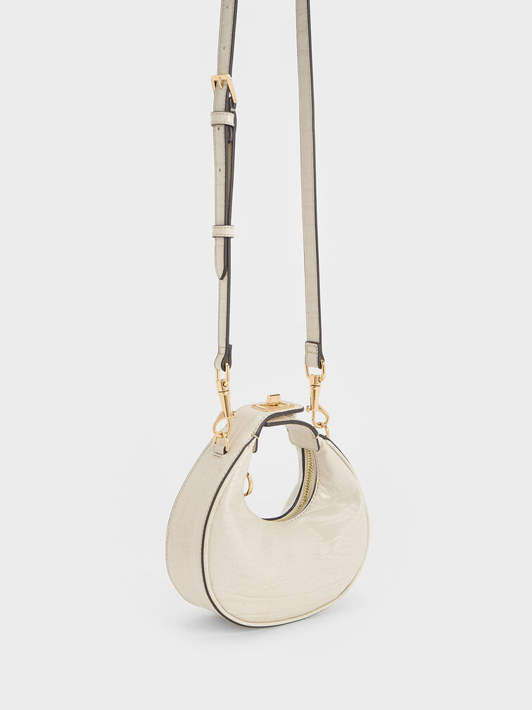 Mini Croc-Effect Moon Bag, สีไอวอรี่, hi-res