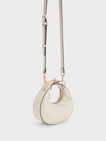 Mini Croc-Effect Moon Bag, สีไอวอรี่, hi-res