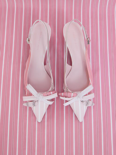 Striped Knot-Bow Pointed Slingback Pumps, Light Pink, hi-res