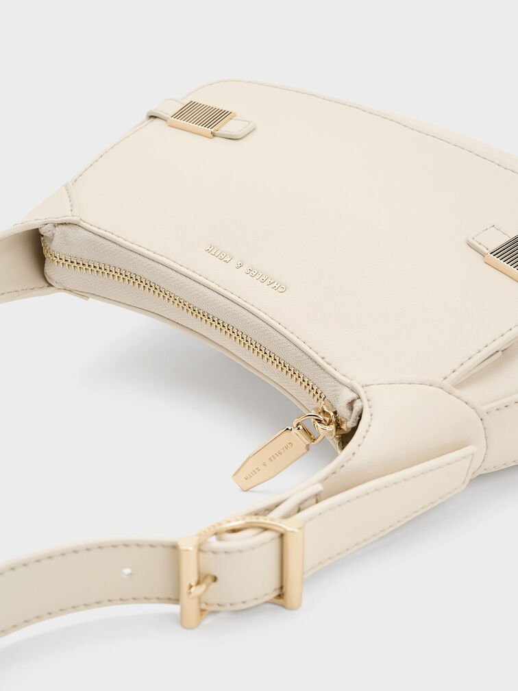 Metallic-Accent Curved Shoulder Bag, สีชอล์ค, hi-res