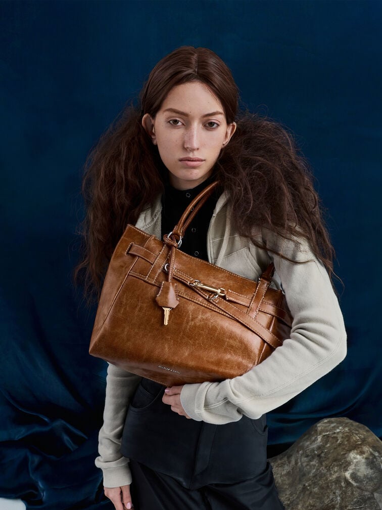 Delfina Belted Tote Bag, Distressed Tan, hi-res