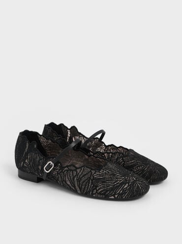 Crochet Floral Mary Jane Flats, Black Textured, hi-res