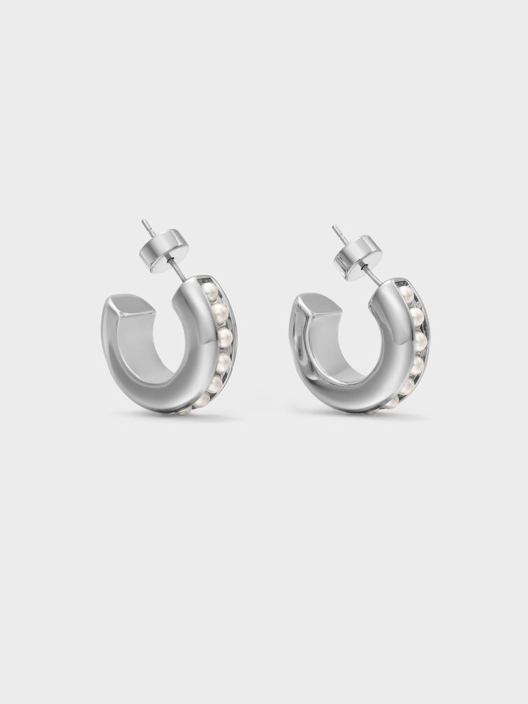 Pearl Open-Hoop Earrings, Silver, hi-res