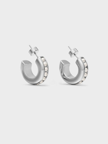 Pearl Open-Hoop Earrings, Silver, hi-res