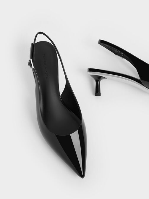 รองเท้าส้นสูงหนังแก้วแบบรัดส้นดีไซน์หัวรองเท้าแบบแหลม, หนังแก้วสีดำ, hi-res
