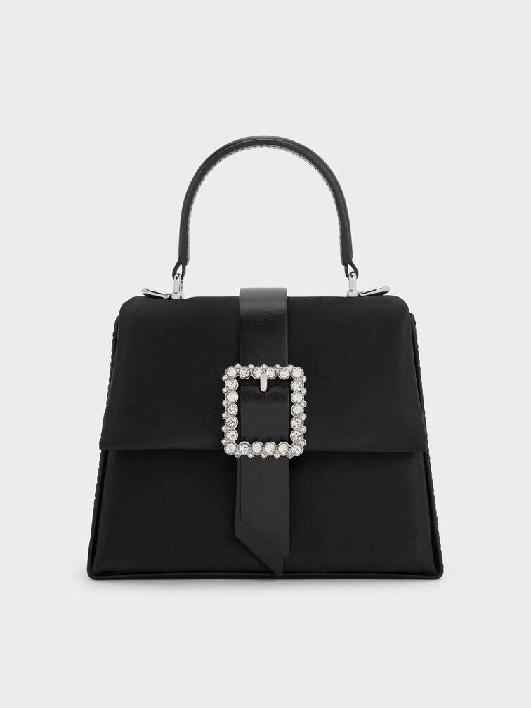 Satin Crystal-Buckle Belted Top Handle Bag, Noir, hi-res