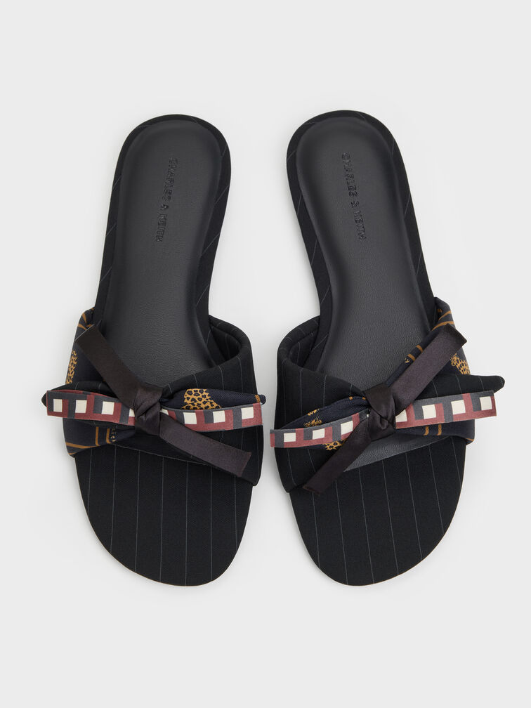 Satin Printed-Bow Slide Sandals, Black Textured, hi-res