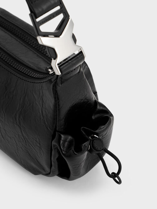 Soleil Crinkle-Effect Shoulder Bag, สีดำอะไหล่สีเงิน, hi-res