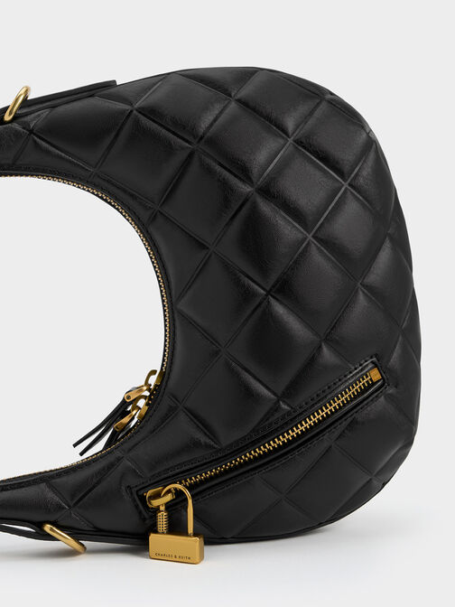 Swing Padlock Quilted Crescent Bag, Black, hi-res