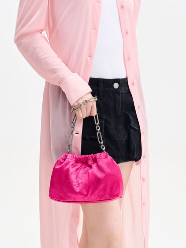 กระเป๋าสะพายข้างผ้าซาตินลายดอกไม้รุ่น Ally, สีฟูเชีย, hi-res