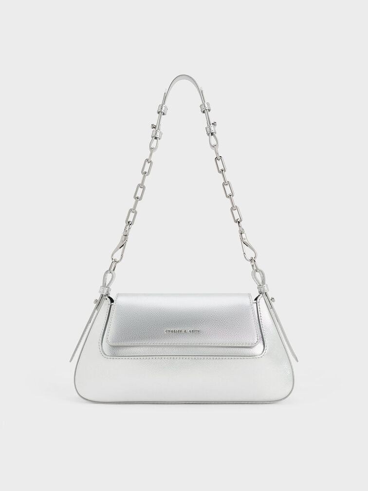 Olivia Metallic Trapeze Shoulder Bag, สีเงิน, hi-res