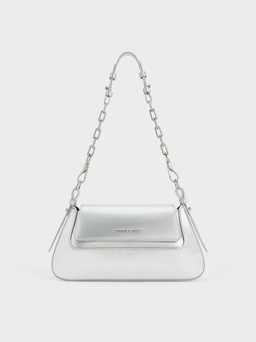 Olivia Metallic Trapeze Shoulder Bag, สีเงิน, hi-res