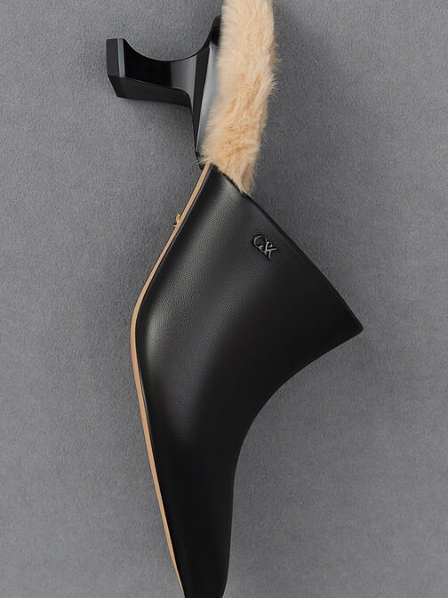 Leather Fur-Trim Sculptural-Heel Mules, , hi-res