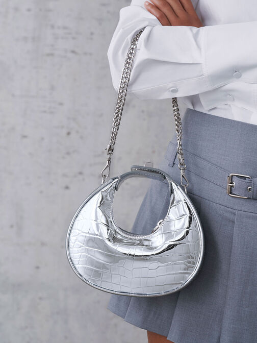 Mini Croc-Effect Metallic Moon Bag, สีเงิน, hi-res